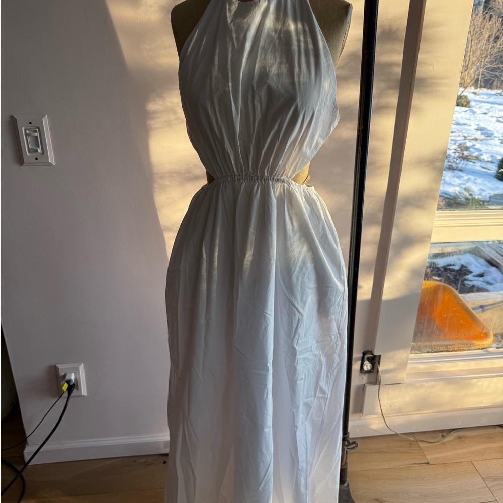 STAUD Silver Maxi Sundress with Halter Neckline and Pleated Design